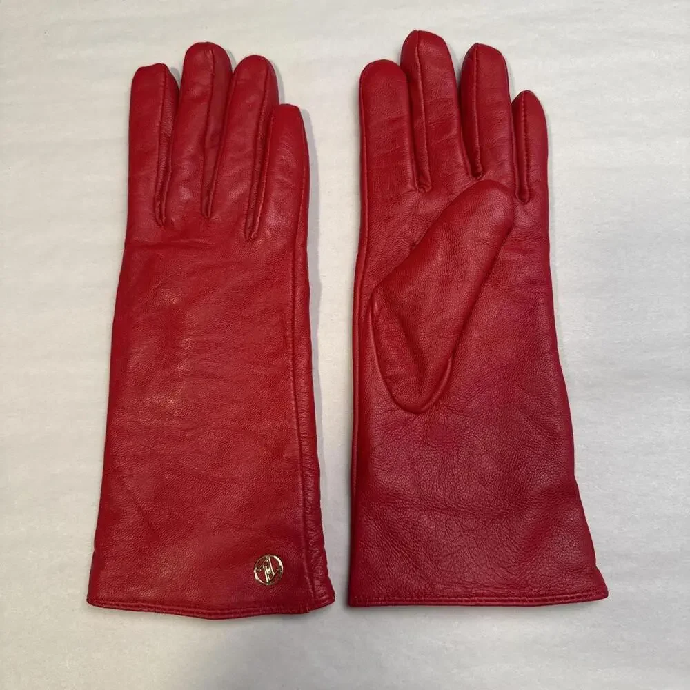 Vintage Adrienne Vittadini Cherry Red Leather Gloves Cashmere‎ Wool Lined size M